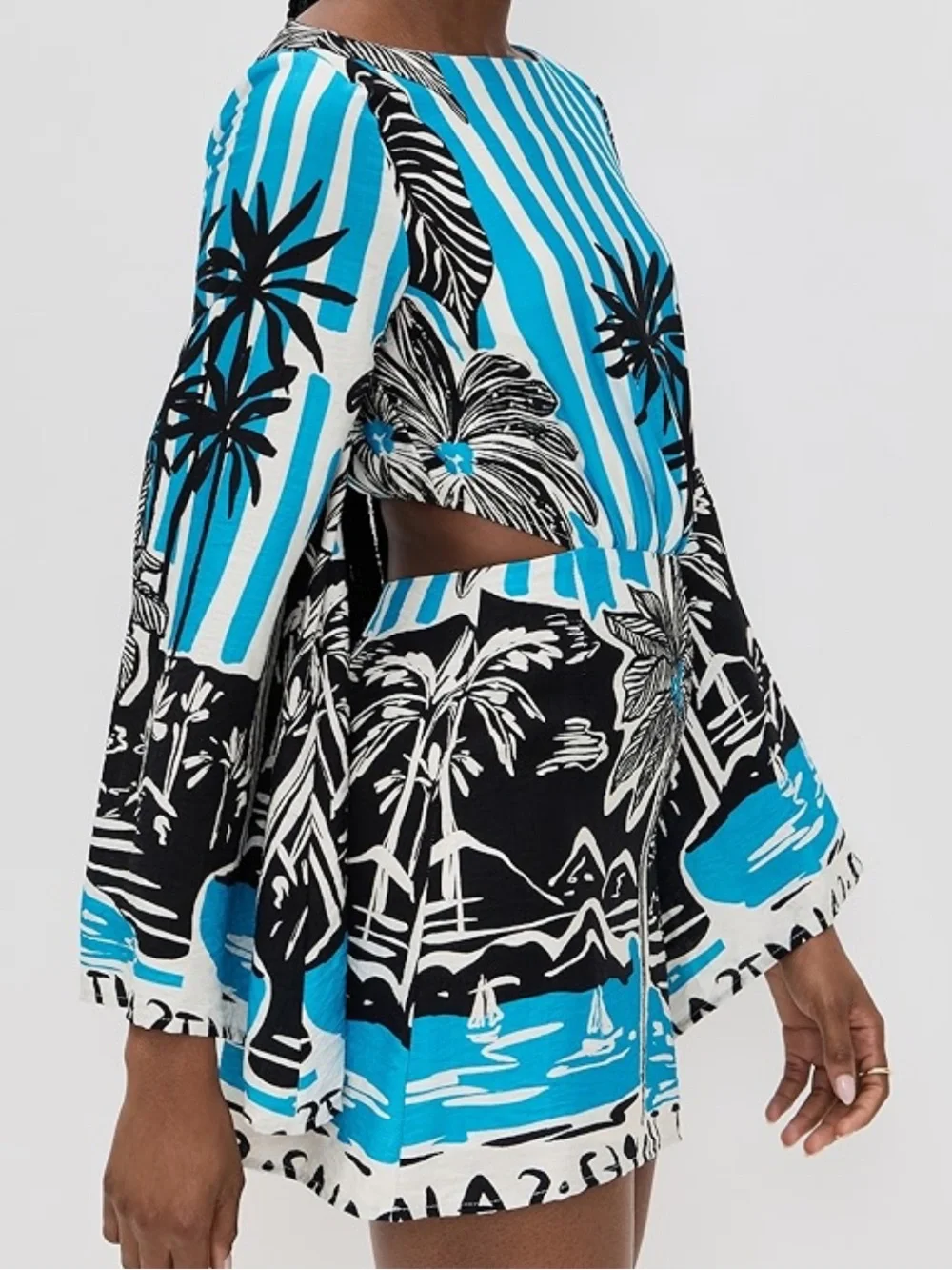 Tropical Palm Print Mini Dress in Bright Blue & Black - Picture 2 of 7